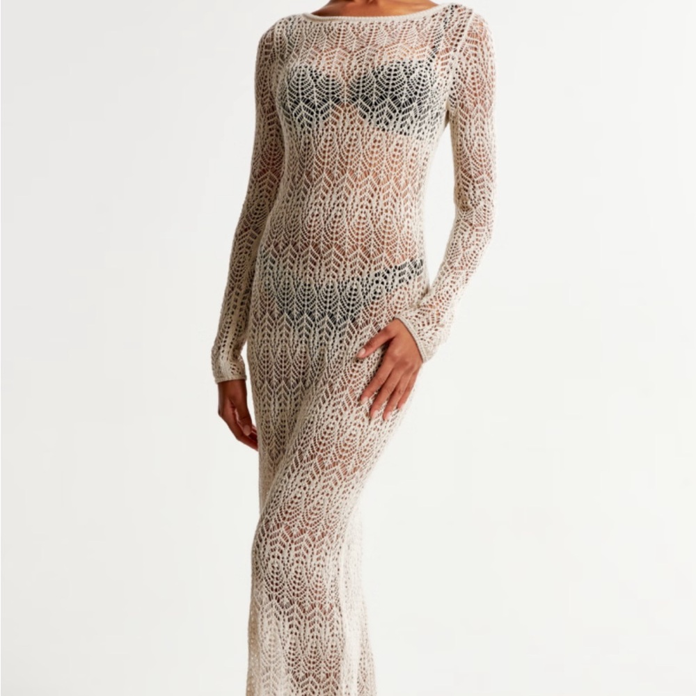 NWOT Abercrombie & Fitch Cream Crochet Swim Coverup Maxi Long Sleeve